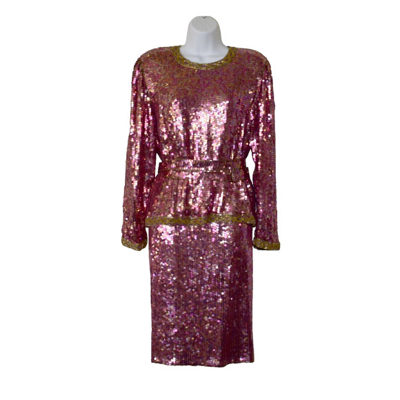B2 Auth I MAGNIN Vintage Pink Pure Silk Sequined Top and Skirt Suit Set Size M - Picture 1 of 5